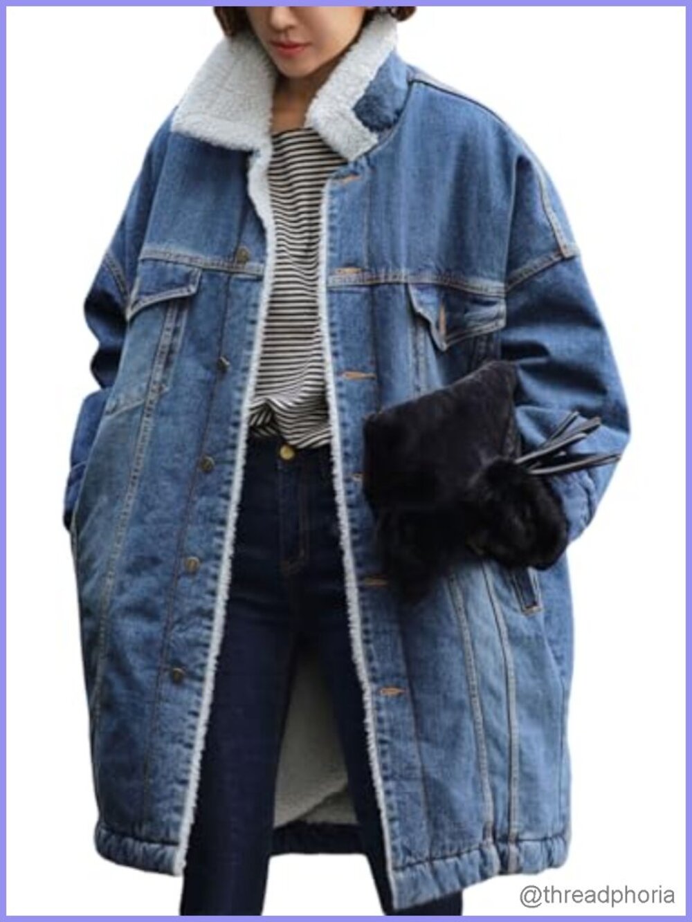 Long Sherpa Fleece Lined Denim Jacket Button Down Trucker Coat